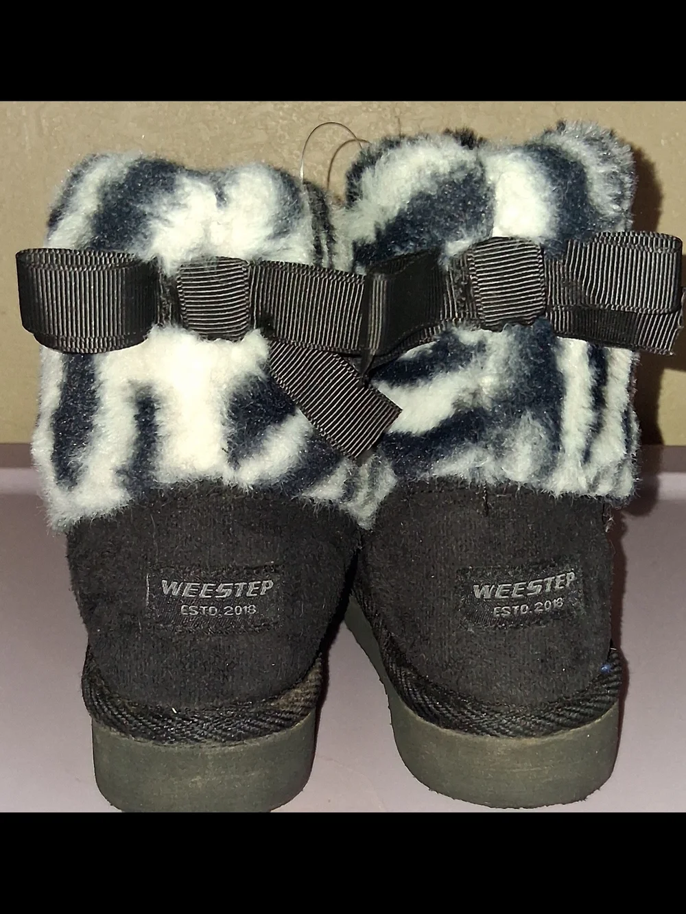 Girls Black Faux Suede Boots with Zebra Faux Fur Cuff